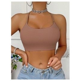 WDIRARA Women's Seamless Wireless Low Back Bra Backless Padded Convertible Halter Bralettes Mocha Brown Small