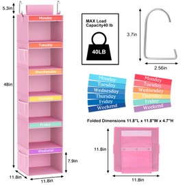 Fixwal 6-Shelf Weekly Clothes Organizer for Kids, Kids Daily Shelf Hanging Closet Organizer with 6 Side Pockets, Days of The Week Hanging Storage Shelves (Pink)