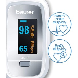 Beurer PO30 Fingertip Pulse Oximeter, Pain Free Blood Oxygen Saturation & Heart Rate Monitor with 4 Display Options, Lanyard, Storage Bag & Batteries Included