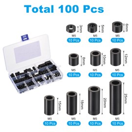 PATIKIL M5 Nylon Spacer Set, 100 Pieces Non-Thread Spacers Made of ABS Round Spacers for Circuit Boards, Circuits, Switches and Sockets, Black