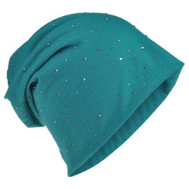 Miobo Jersey Slouch Beanie Long Hat with Elegant Rhinestone Star Rivets Appliqué Unisex Plain Colour Men Women Trend, petrol