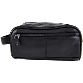Primehide Soft Black Leather Mens Washbag Toiletry Bag 1450