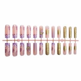 MISUD Press on Nails - Long Square Glue on Nails with Purple, Acrylic Gold Chrome Sun Design 24 pcs