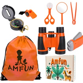AMFUN 8PCS Outdoor Explorer Kit for Kids, Children’s Toy Binoculars, Torch, Magnifying Glass, Backpack, Summer Outdoor Toys for Kids Science Nature Exploration Toys