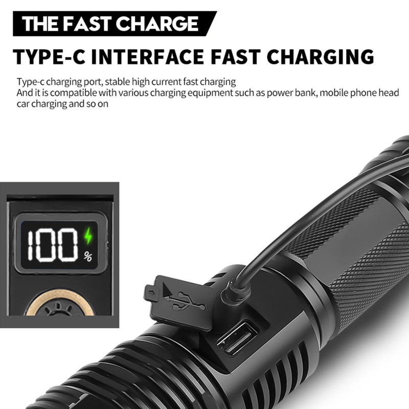 LED Flashlight Ultra Bright XHP70 LED Type C Rechargeable Handheld