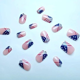 American Independence Day Press on Nails Flag Glitter Fake Nails French Tips Glue on Nails False Nails with Glitter Star American Flag Design Sparkly Short Square Press on Nails Stick on Nails Women