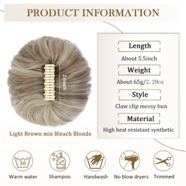 Wodelanle Messy Bun Hair Piece Claw Clip Messy Hair Bun Wavy Curly Chignon Hair Bun Extensions Tousled Updo Hair Buns Claw Clip Ponytail Hairpieces Scrunchies for Women(Light Brown mix Bleach Blonde)