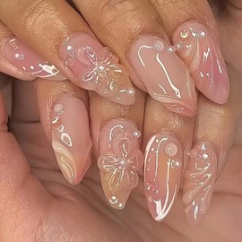 Medium Almond Shaped Press on Nails 3D Flowers Pearl Designs Fake Nails Embossed Floral False Nails Pink Glossy Gradient Acrylic Nails Full Cover Stick on Nails for Women Nail Art Manicure 24 Pcs