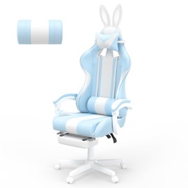 Ferghana Kawaii Light Blue Gaming Chair with Bunny Ears, Ergonomic Cute Gamer Chair with Footrest and Massage, Racing Reclining Leather Computer Game Chair for Girls Adults Teens Kids