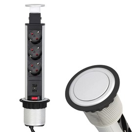 Lumonic LiftBox 3 x Schuko Sockets + 2 x USB 2.4 A Table Sockets Aluminium I 3 Sockets with 230 V in Tower Max. 3600 W I with Drill Hole Size 107 mm Idea