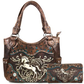 Zelris Western Rearing Horse Embroidered PU Leather Concealed Carry Women Tote Purse with Matching Wallet Set (Brown)