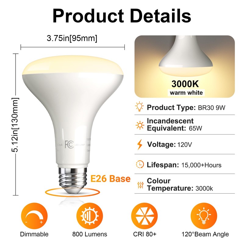 TJOY 12 Pack BR30 Led Bulb 65W Equivalent, Dimmable Flood