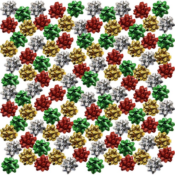 Gift Boutique 96 1" Mini Christmas Bows Self Adhesive for Wrapping Holiday Gifts Presents in Red Green Gold and Silver