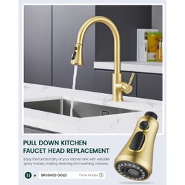 HEISOK Kitchen Faucet Head Replacement, 3-Function Pull Down Faucet Spray Head with 15 Adapters - Replacement Pull-Out Sink Spout Sprayer Nozzle, Brushed Gold