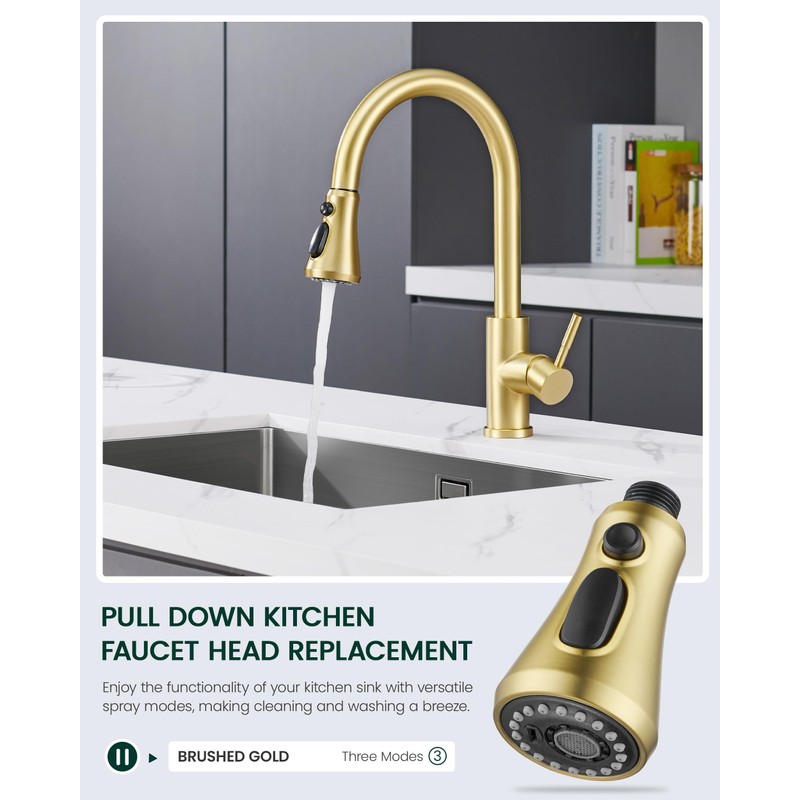 HEISOK Kitchen Faucet Head Replacement, 3-Function Pull Down Faucet Spray