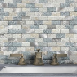 M MOFIT Peel and Stick Brick Backsplash for Kitchen,Back Splash for Bathrooms Walls Tiles Waterproof(5sheets,Blue Gray)