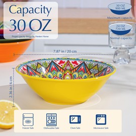 Henten Home Porcelain Soup Bowl Set of 6, Colorful 30 oz Ramen Bowls Set, Ceramic Bohemian Serving Bowl for Noodle, Cereal, Salad, Microwave & Dishwasher Safe