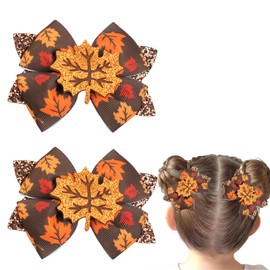 2Pcs Fall Thanksgiving Hair Bow Clips Glitter Maple leaf Hair Bows Alligator Barrettes Autumn Grosgrain Ribbon Hair Accessories Cute Hairpin for Thin Thick Hair Thanksgiving Hair Decoration for Girls