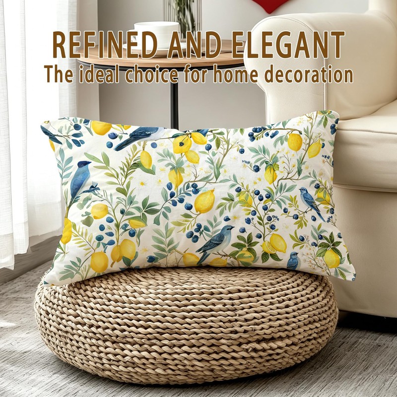 Qykwz Farmhouse Lemon Blue Bird Lumbar Pillow Cover 12x20