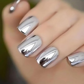 24Pcs Silver Chrome Press on Nails Short Square Fake Nails with Nude Design Glossy Reusable False Nail Chrome Square Nails Press ons Full Cover Artificial Stick on Nails for Women DIY Manicure