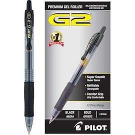PILOT G2 Bolígrafos de gel de alta calidad, con punta gruesa y retráctil, recargables, de tinta negra, paquete de 12 unidades (31256)