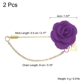 sourcing map Lapel Pin for Men, Size: 1.57 inch Cloth Alloy Rose Flower Pin Suit Lapel Stick with Gold Leaf & Trim/Tassel Chain Brooch for Bridegroom Wedding 2 Count Purple