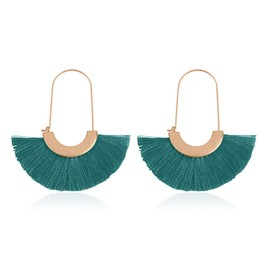 Bohemian Silky Thread Tassel Strand Fringe Statement Hoop Earrings - Lightweight Semi Circle Fan Threader, Mermaid Hoops (Fan Tassel Threader - Teal)