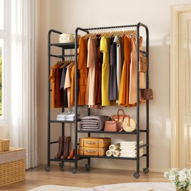 Korfile Wardrobe Closet, 5-Tier Steel Freestanding Closet Organizer with Hanging Rod, 45" x 16" x 69", Black - GR010