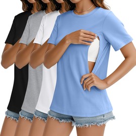 Oakgarden 4 Pack Women's Nursing Breastfeeding Shirts with Zipper Cotton Loose Fit Short Sleeve Maternity Top Nursing Clothes(Sky Blue, White, Light Gray, Black,Large)