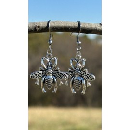 Boho Silver Honey Bee, Nature, Insect, Boho Earrings, 1”, New