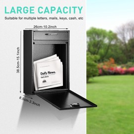 RQUNA Lockable Outdoor Secure Mailbox, Wall-Mounted Metal Mailbox, Dimensions: 15.1" H x 10.2" W x 3.3" D (Black).