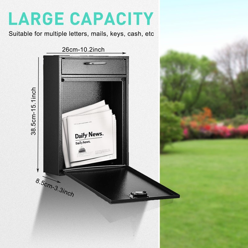RQUNA Lockable Outdoor Secure Mailbox, Wall-Mounted Metal Mailbox, Dimensions: 15.1"