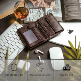 Baur Men's Genuine Leather Wallet with RFID Protection, Portrait Format, Wallet with Coin Compartment, Wallet with Many Card Slots, dark brown, Portrait format with press stud inside