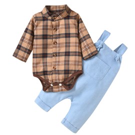 Unutiylo Baby Boys Overalls Pure Cotton Clothes Infant Toddler Gentleman Outfits Set Baby Khaki Plaid Shirt Bodysuit Romper and Denim Bib Suspender Pants (Khaki plaid, 18-24M)