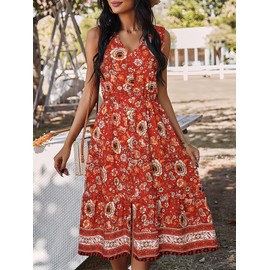 TEMOFON Women Dress Summer Sleeveless Bohemian: Floral V Neck Button Down Flowy Boho Dresses Red Yellow L