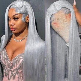30 Inch Grey Lace Front Wigs Human Hair Straight 13x6 HD Transparent Lace Frontal Wig Human Hair Pre Plucked with Baby Hair 180% Density Silver Grey Colored Glueless Lace Frontal Wigs for Black Women