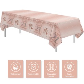 APOWBLS 21st Birthday Decorations Tablecloth for Her Women, 3Pack Disposable Rose Gold Happy 21st Birthday Party Supplies Table Cover, 55in x 86in