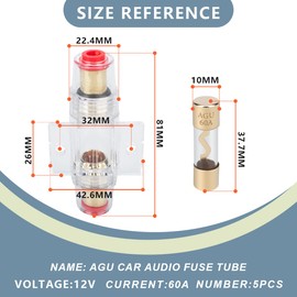 Innfeeltech Pack of 5 Gold-Plated Glass 60A AGU Fuse for Automotive Audio Power Supply Safety with 1 Piece Gold-Plated In-line AGU Fuse Holder