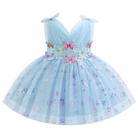AWIBMK Kids Baby Girls Butterfly Tulle Tutu Dress Sleeveless Pleated V-Neck Bowknot Birthday Wedding Party Dresses Blue Colorful 3-4 Years