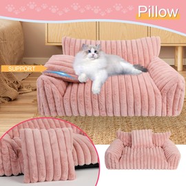 Cute Cat Couch Bed for Indoor Cats, Fluffy Cat Sofa with Premium Soft Corduroy Fleece, Fuzzy Pet Chair with Removable Washable Cover, Orthopedic Small Pet Bed with Non-Slip Bottom (24x18x10,Pink)