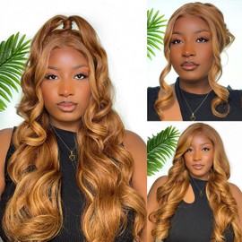 Honey Blonde Lace Front Wig, 6x5 Wear and Go Glueless Body Wave Synthetic lace front Wigs for Black Women, 26Inch Pre Plucked Pre Cut HD Lace Frontal Wig With Baby Hair (27/30 Honey Blonde, 6x5)