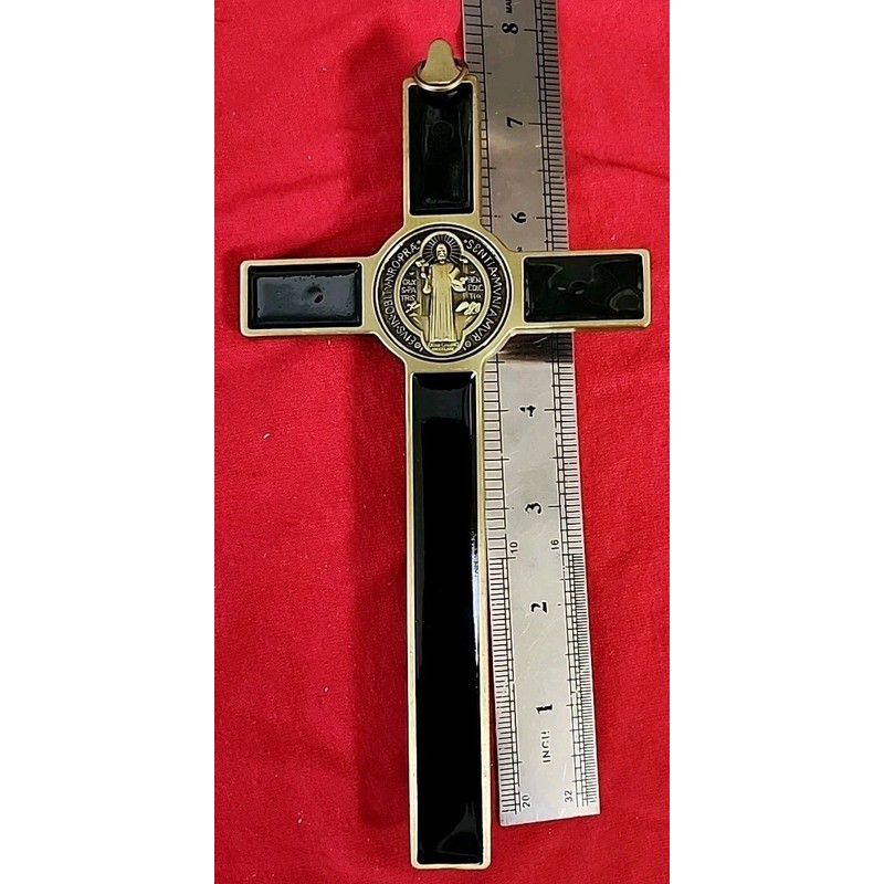 SAINT BENEDICT BLACK Enamel metal Golden Color Wall Cross Saint