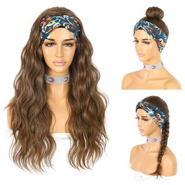 Sapphirewigs Body Wave Headband Wig Golden Brown Synthetic Long Wavy Wigs for Women Glueless Natural Looking 150% Density 66 cm