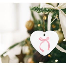 QIYUHOY Pink Christmas Tree Topper Ornament Keepsake Sign,Coquette Christmas Decor Ornaments for Christmas Tree,Pink Bows for Christmas Tree,Ceramic Heart Keepsake