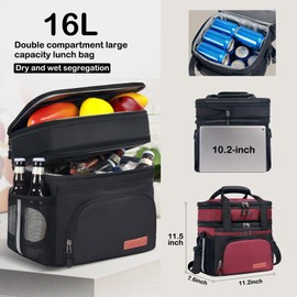 JOINGO Lunch Box For Men/Women,Large Double-layer Insulated Expandable Reusable Leakproof Cooler Bags For Adults,Lunch Bag With Adjustable Shoulder Strap For Office Travel Picnic(Red)
