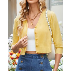 Belle Poque Women's 3/4 Sleeve Cropped Cardigan Shrugs Button Down Sweater Yellow L