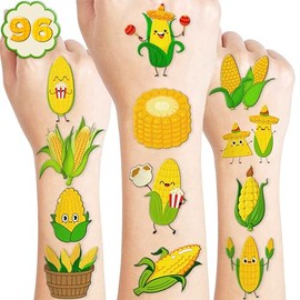 MeoIsDaBest-96 piezas de tatuajes temporales de mazorcas de maíz lindos, suministros de decoración para fiestas de cumpleaños temáticas, recuerdos, decoración, día de Corntastic, pegatinas de tatuajes