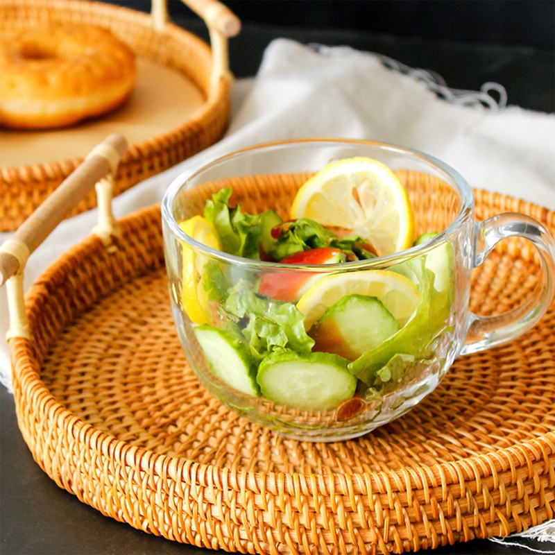 Hand Woven Round Rattan Serving Tray Bread Fruit Dessert Snack