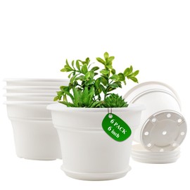 6 Inch Plastic-Flower Pot-for-Indoor Plants, 6 Pack Outdoor Plant Pots with Drainage Holes & Saucers, Resin Garden Pots Planters