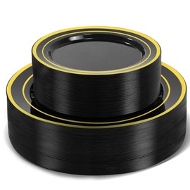 ROCOHANTI 100 PCS Black and Gold Plastic Plates, Disposable Party Black Plates Include 50 Dinner Plate and 50 Dessert Plate Perfect for Holiday, Birthday, Graduation, Wedding & Party